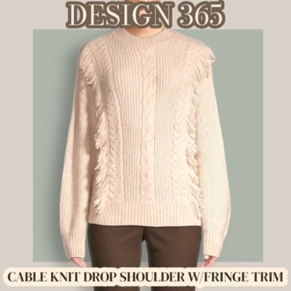DESIGN 365 Cable-Knit Dropped-Shoulder Sweater w/Fringe Trim - Picture 1 of 13